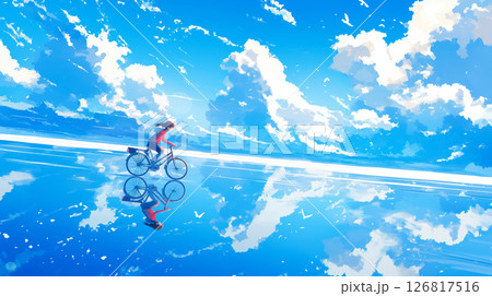夏の青空と白い雲が広がる海の上を自転車で走る少女の幻想シーン｜透明