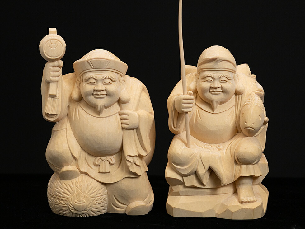 楽天市場】恵比寿大黒様 木彫り一刀彫 / 材料：桧（置物 木彫 縁起物