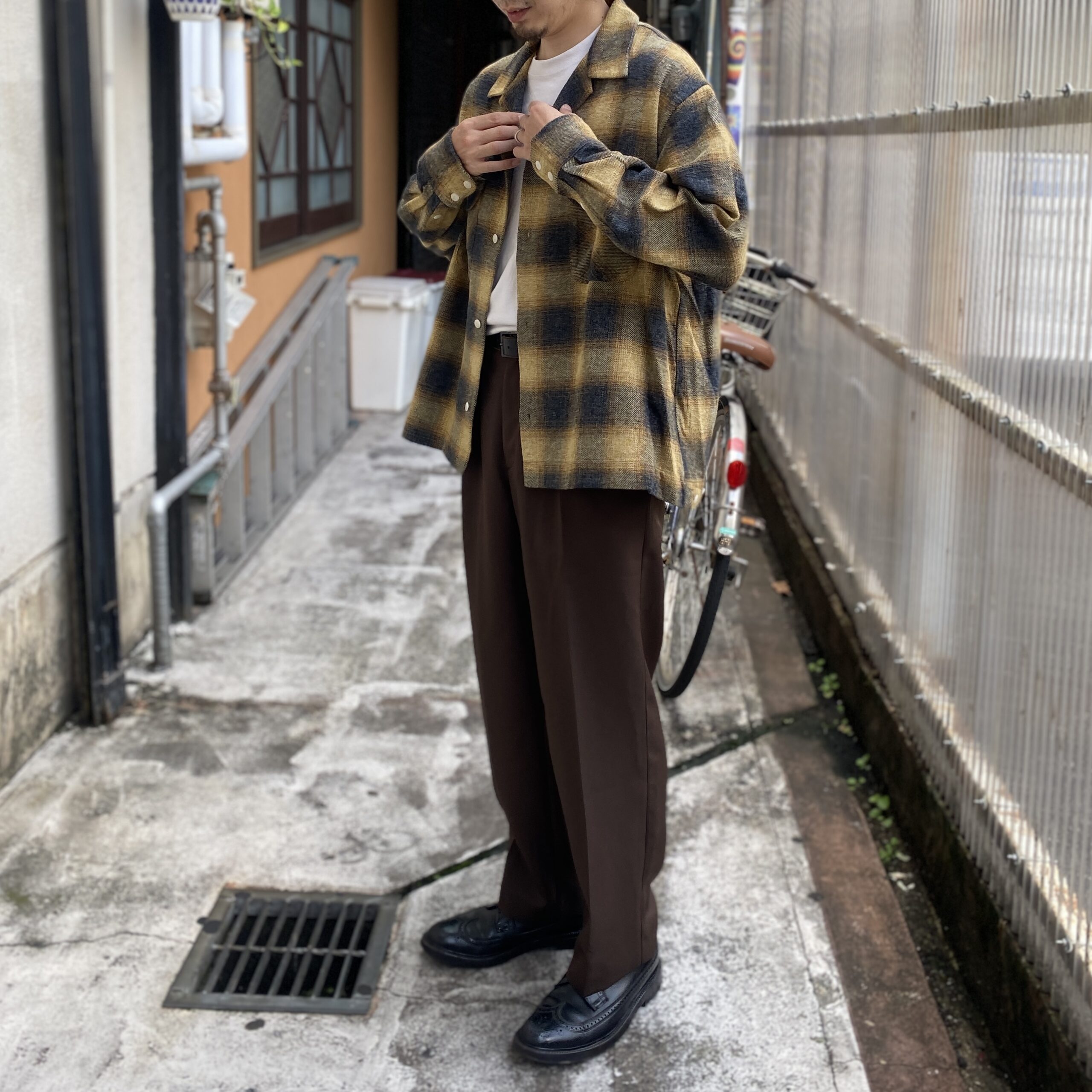 H.UNIT】Ombre check open collar L/S shirt Mustard | unstable