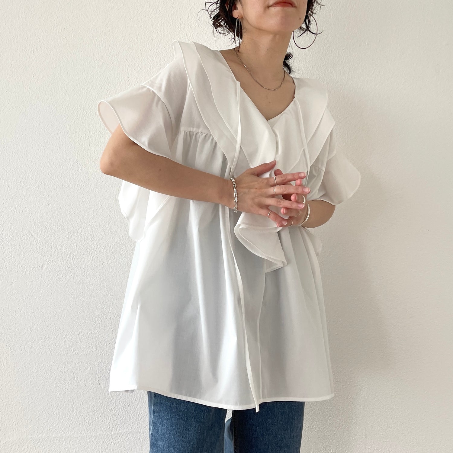 big collar frill half blouse / white | wee9s | ウィークス
