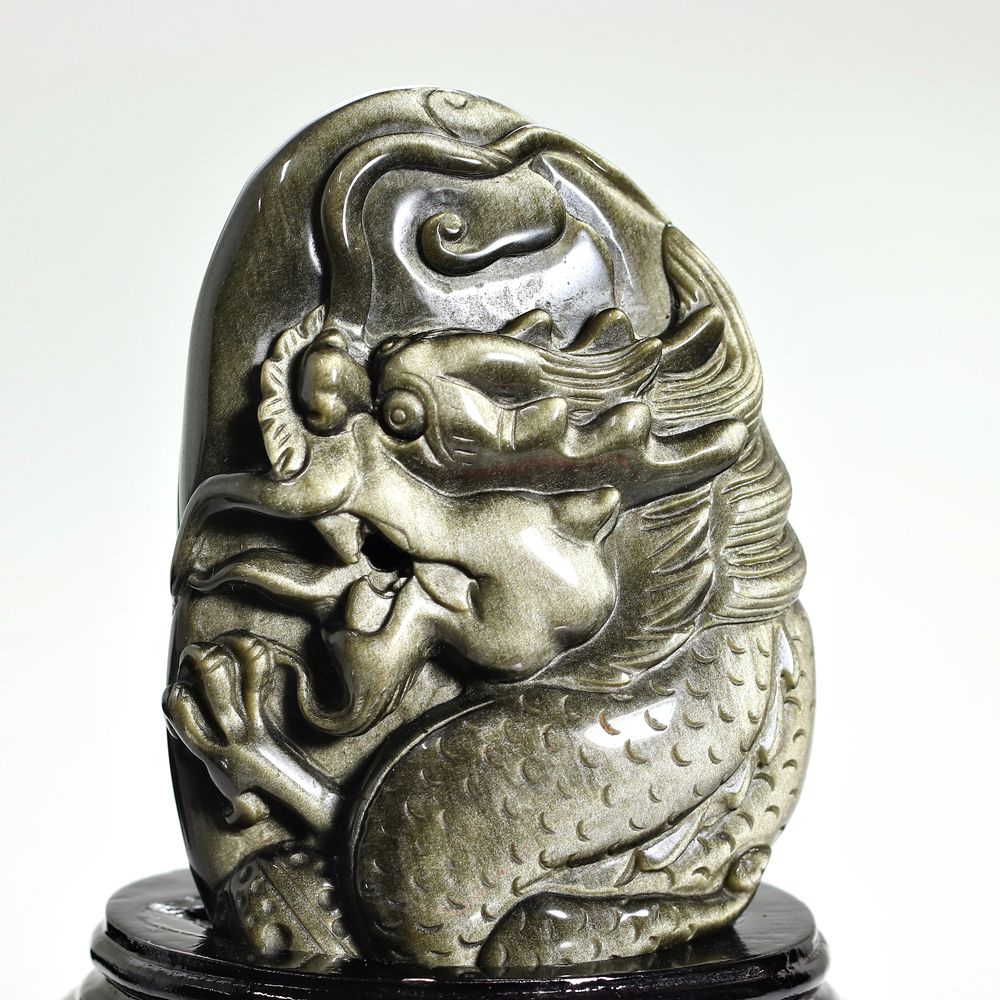 高品質]メキシコ産ゴールデンオブシディアン黒曜石/(辰)龍彫刻（全高約