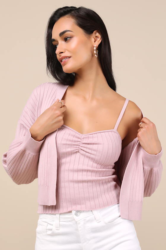 Dusty Rose Sweater Set - Cami Top and Cardigan Set - Cardigan Set