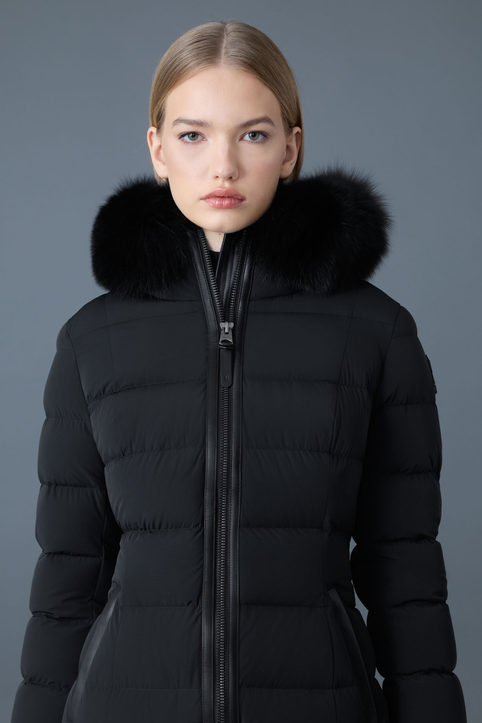 Calla, Agile-360 stretch light down coat with blue fox fur collar