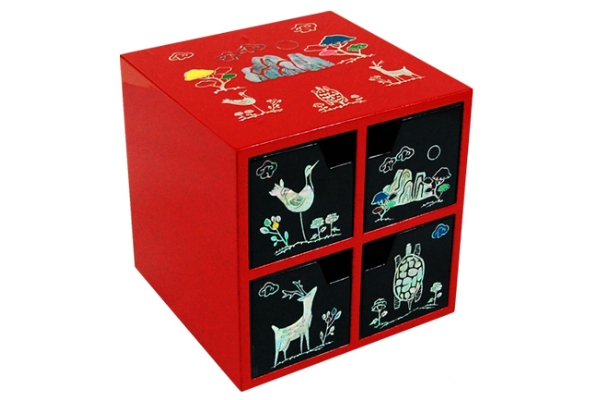 韓国螺鈿十長生引出宝石箱（赤）韓国 韓国螺鈿 螺鈿漆器 螺鈿 高級