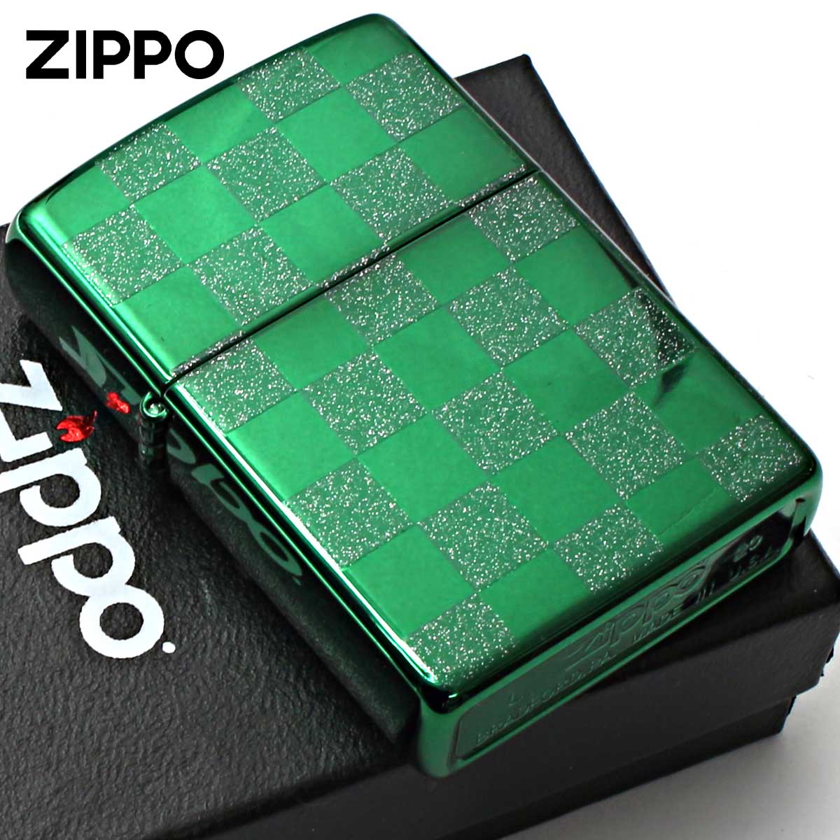 Zippo ジッポー チェック ラメ 幾何学模様 両面加工 グリーン ジオ