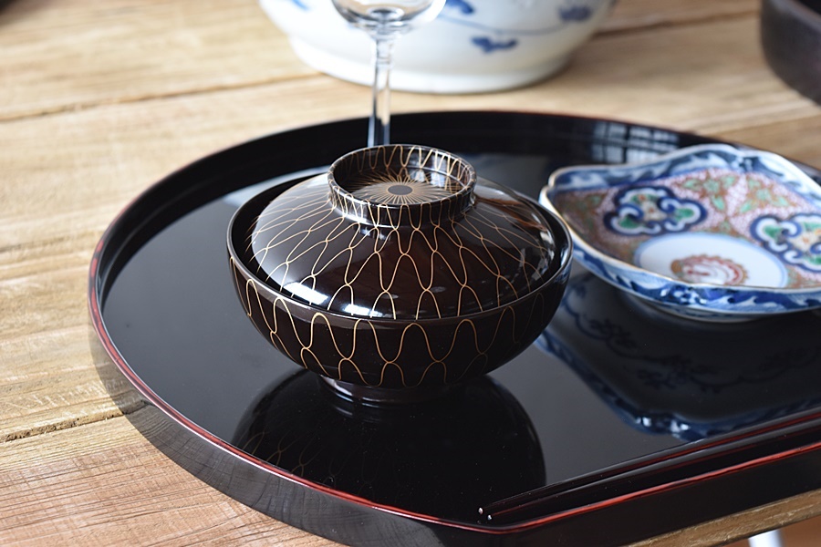 時代漆器 天然木製漆塗 黒塗金蒔絵 網手煮物椀 5客セット - 生活骨董
