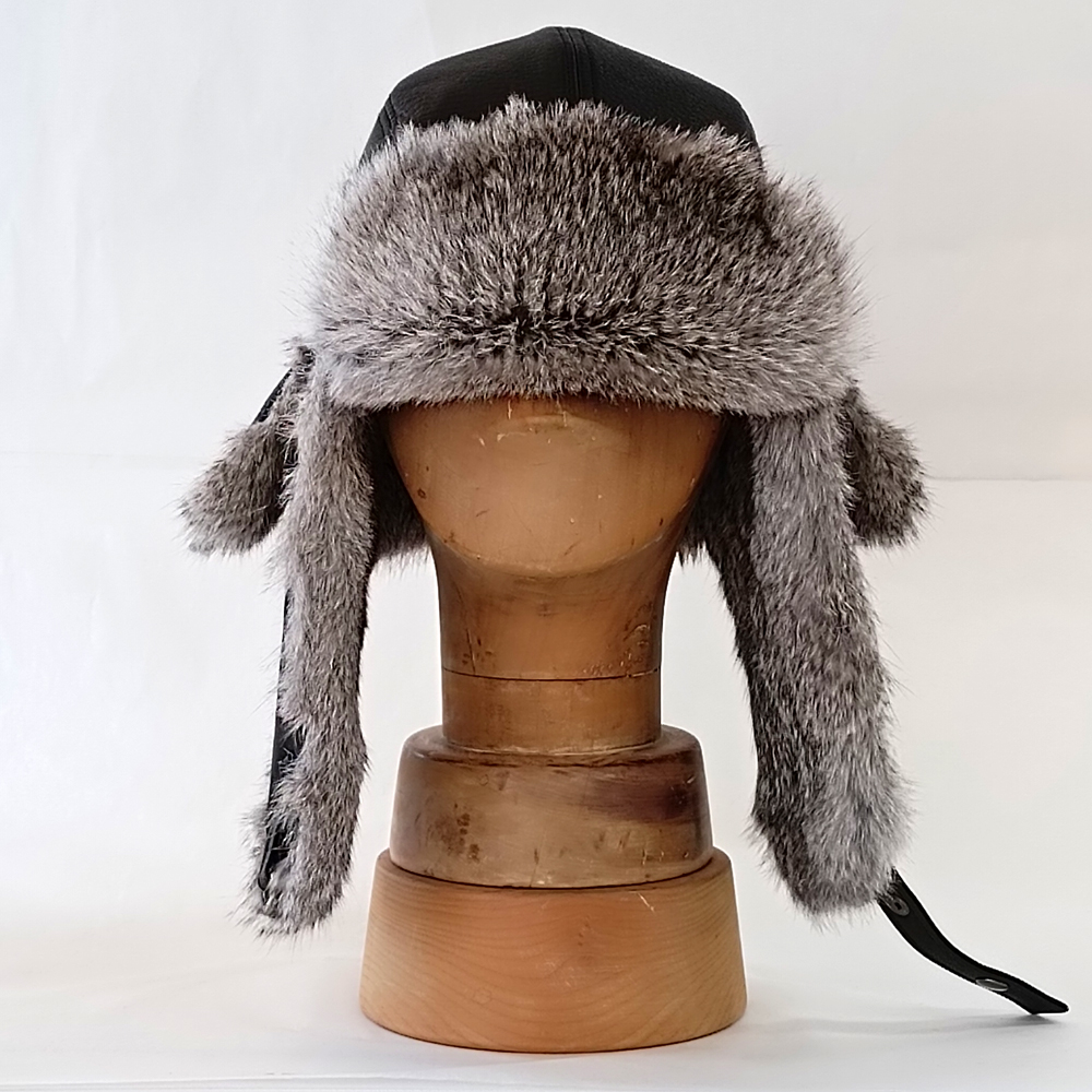フライトキャップ 牛革(黒)×ラビットファー(グレー) つばなし飛行帽