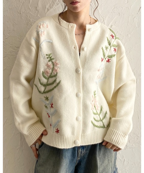 セール】花柄フラワー刺繍長袖ニットカーディガン（カーディガン