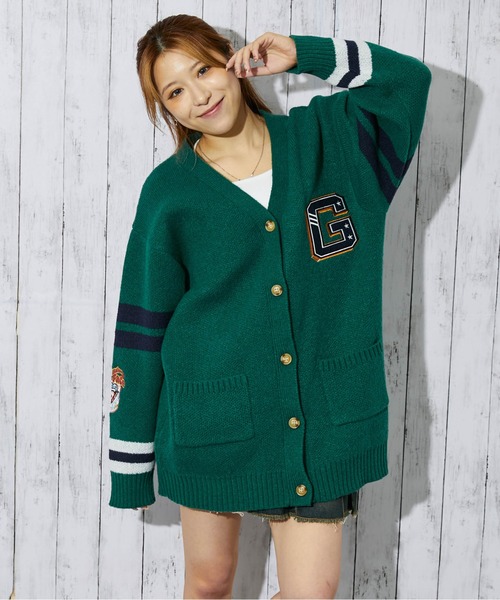 セール】《カレッジワッペン×ライン袖》レディース ニットカーディガン