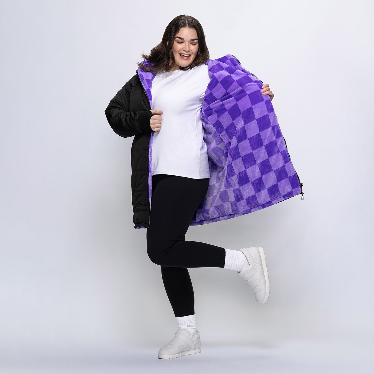 Black/Lilac Checker Print Long Puffer Jacket – The Oodie Canada
