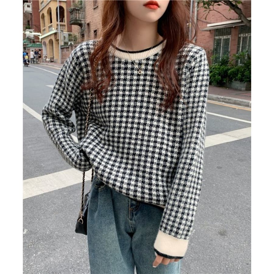 配色千鳥柄ニットプルオーバー[品番：ABIW0000702]｜ABITOKYO （アビ