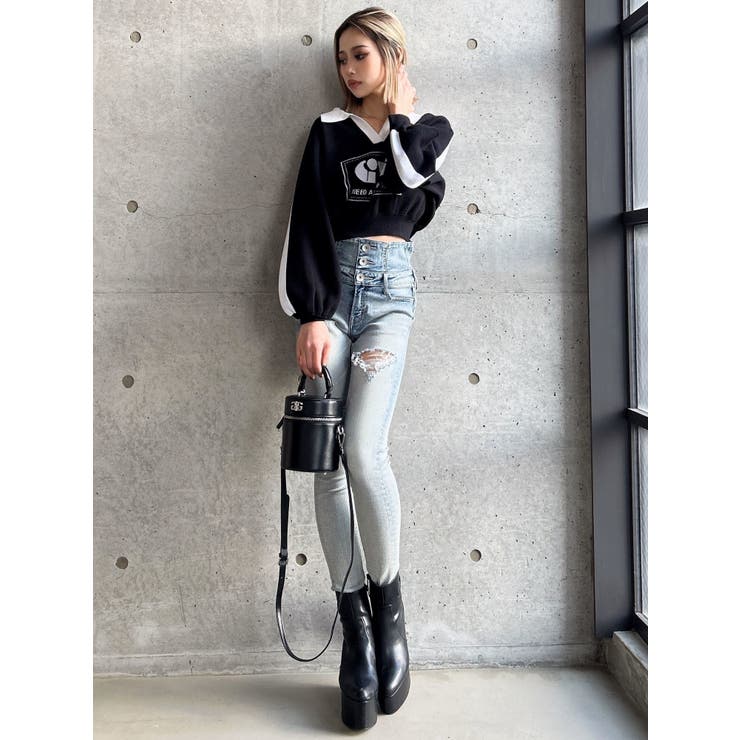 ハイウエストバッククロスダメージスキニーデニムパンツ[品番