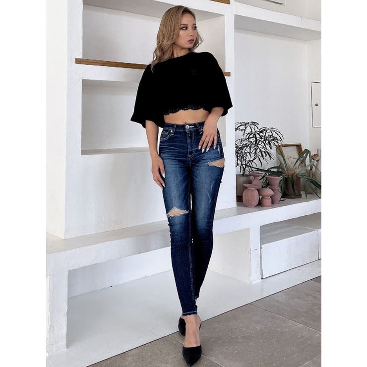 ミドルウエストSIDE RIPPEDスキニーデニムパンツ[品番：MKSW0056279