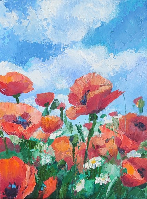 ロシア ポピー 油絵 花 小さなアート ポピーアートワーク 風景画