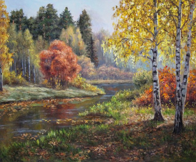 ロシア 秋の絵画オリジナルの油絵白樺の木の風景湖秋の森の壁アート