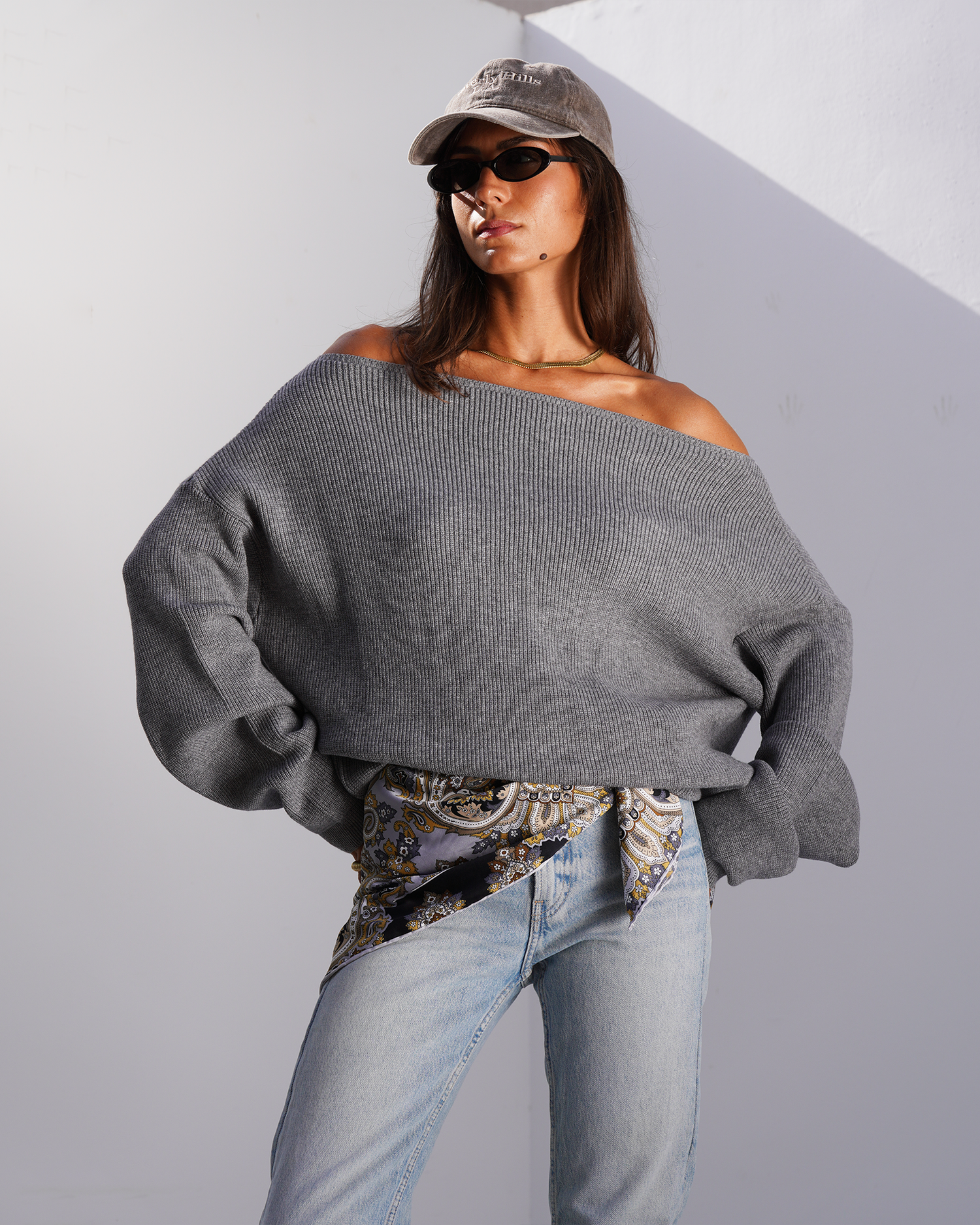 Grey Off-Shoulder Knit Sweater – Earth Gallery