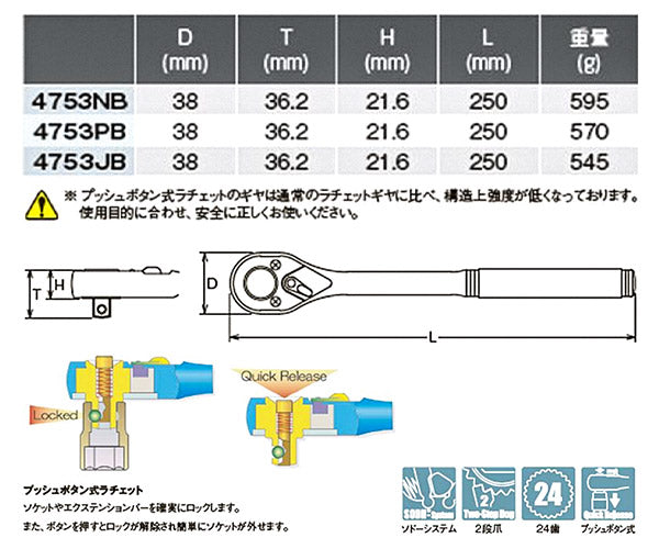 コーケン 4753PB 12.7sq. プッシュボタン式ラチェットハンドル Ko-ken 工具