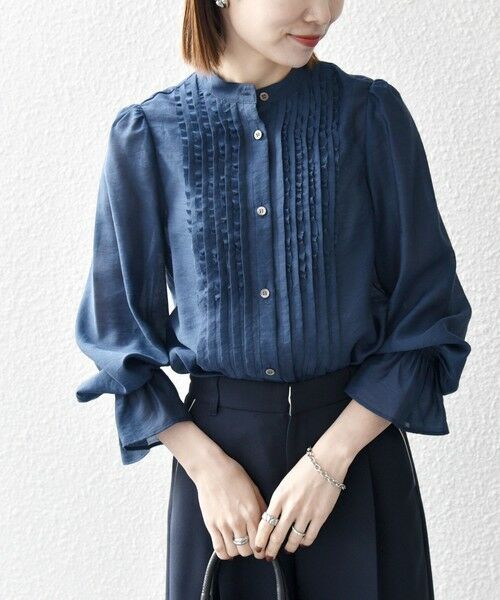 SHIPS any:〈手洗い可能〉シアー フリル バンドカラー シャツ ブラウス