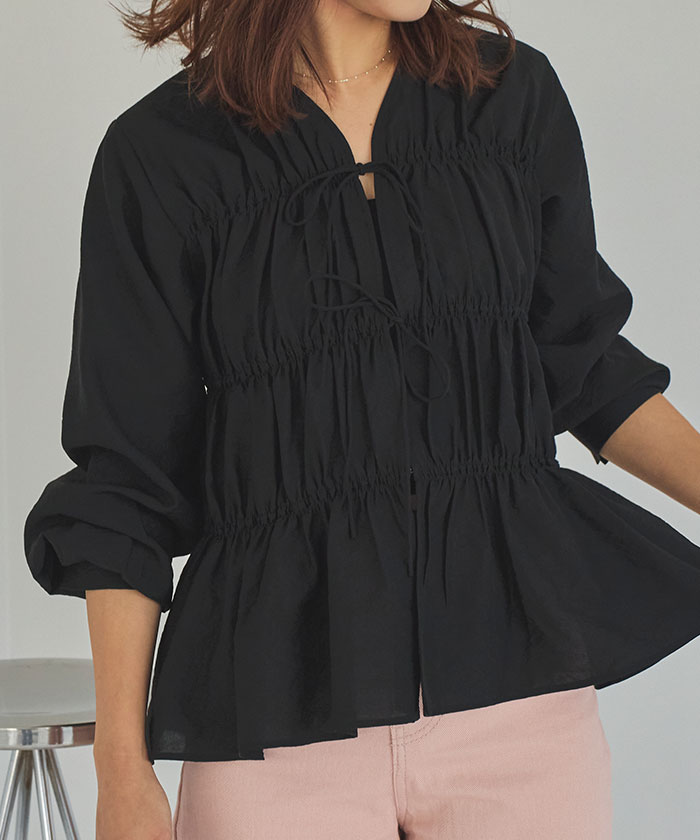 シャーリングギャザーリボンブラウス | titivate