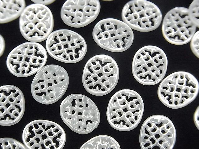 高品質ホワイトシェル(白蝶貝) 透かしオーバル10×8mm 3個｜天然石