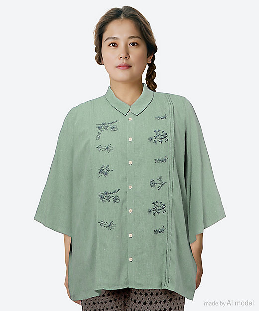 麻混シャンブレー単色アシンメトリー刺繍シャツブラウス