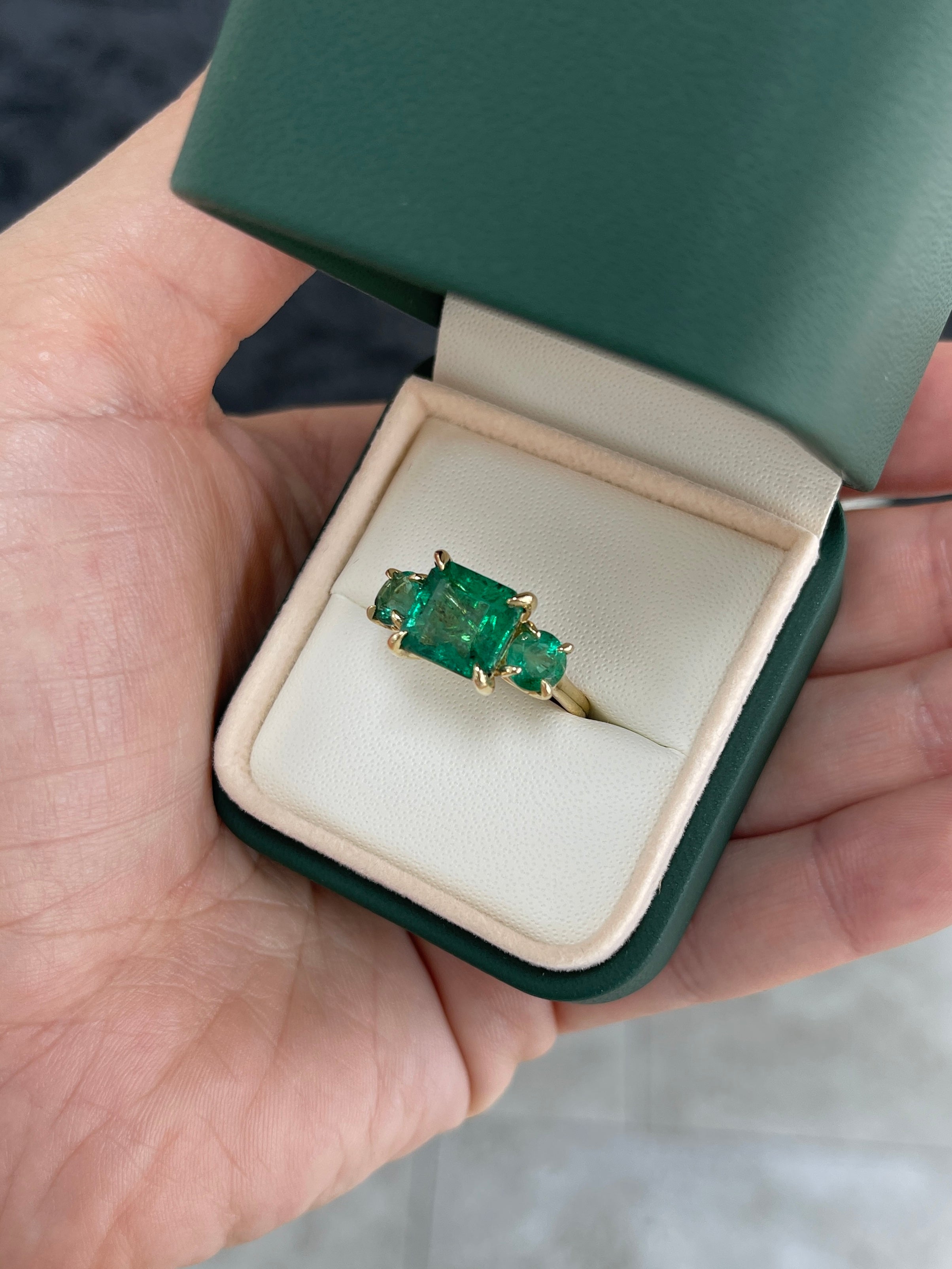 5.80tcw 14K Rich Green Natural Emerald All Emerald Three Stone Ring