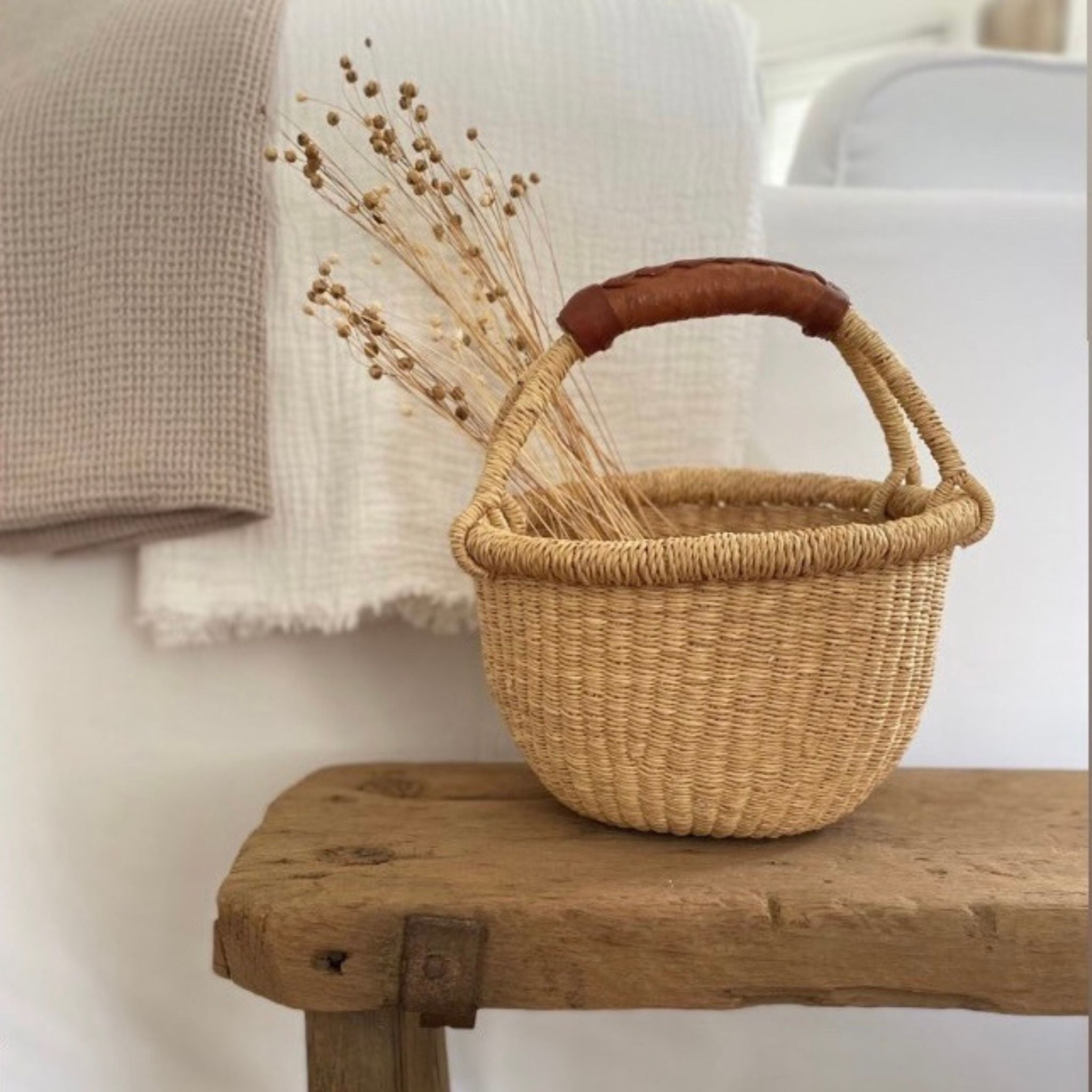 Mini Natural Bolga Basket with Tan Leather – Kaaterskill Market