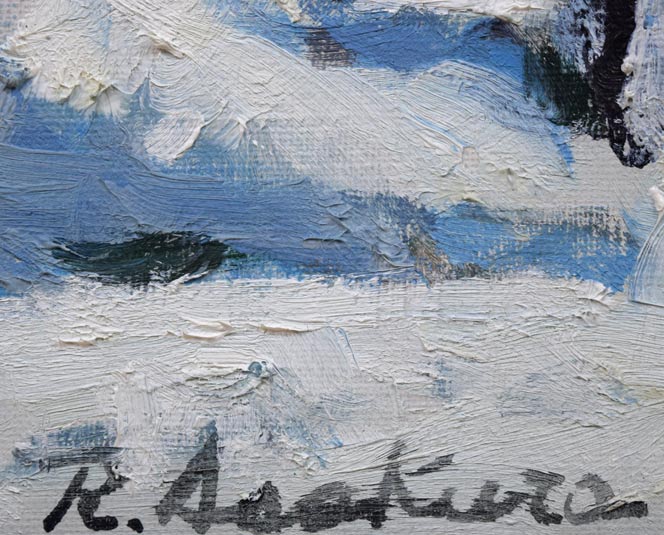 朝倉力男「堀割の雪」油絵・F4号 絵画買取・販売の小竹美術