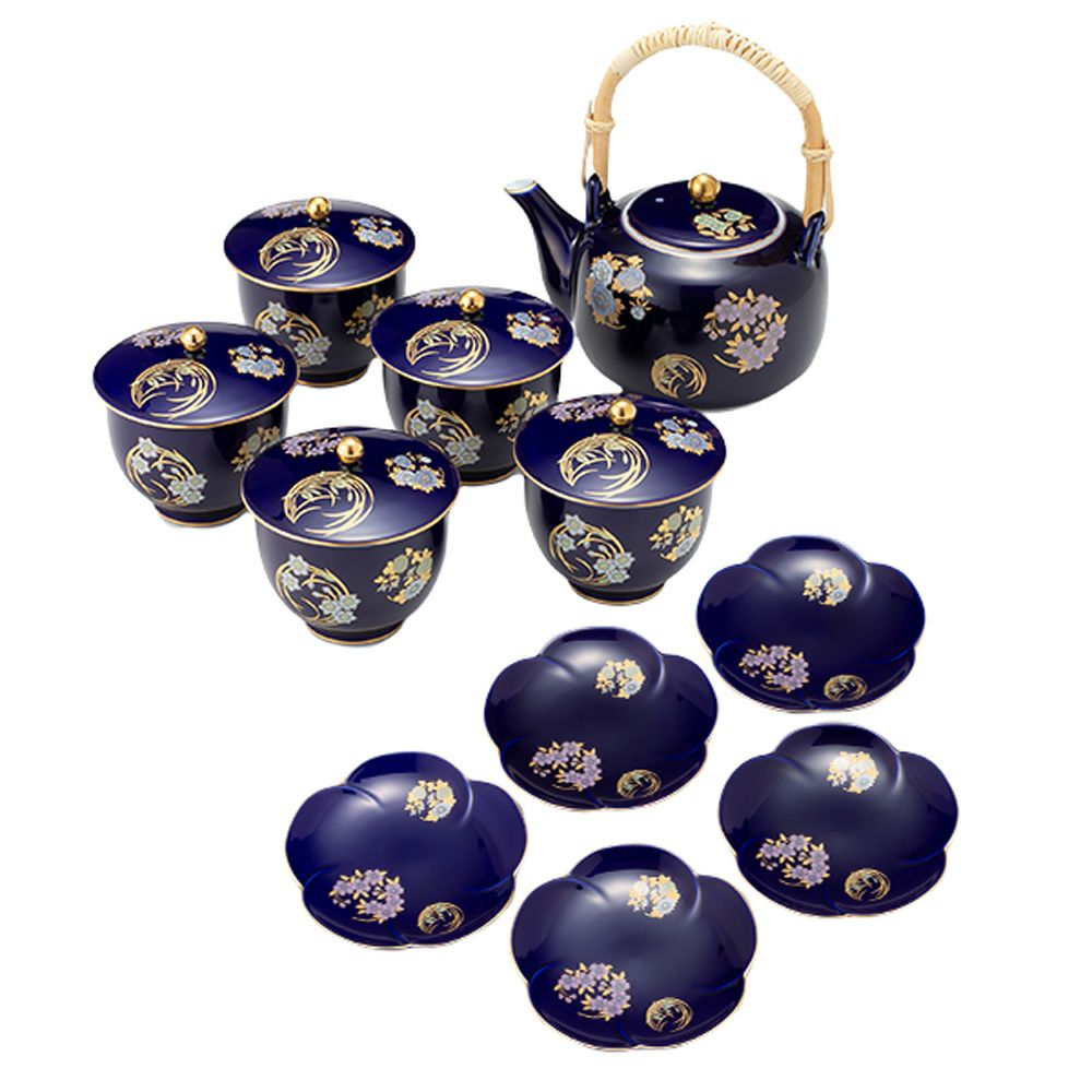 香蘭社 ルリ花丸紋 高級茶器セット 土瓶1点＋蓋付湯呑5客＋銘々皿5枚 5