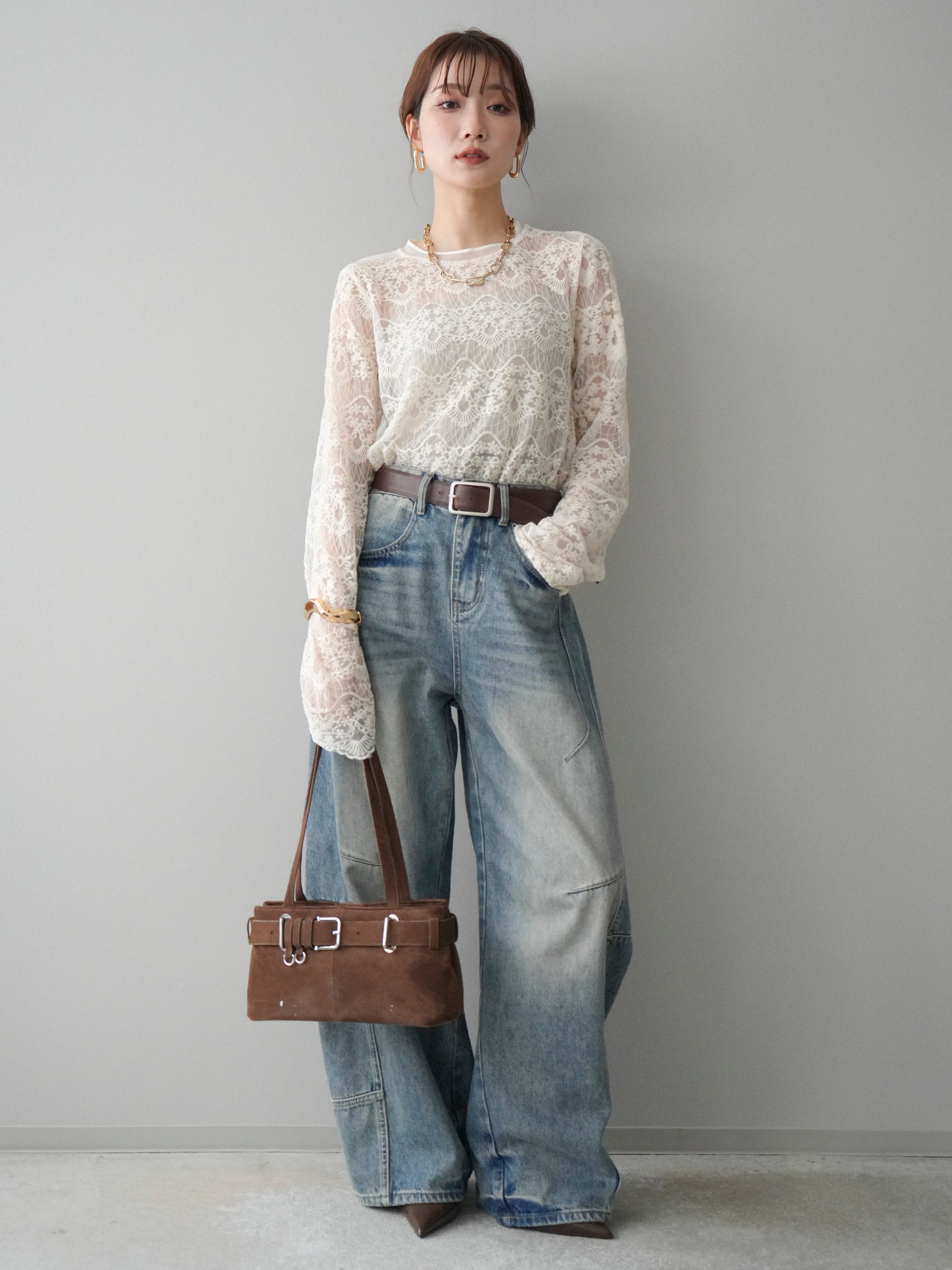 SET]チュールレーストップス+ベルト付カーブデニムパンツ(2set) – Lumier