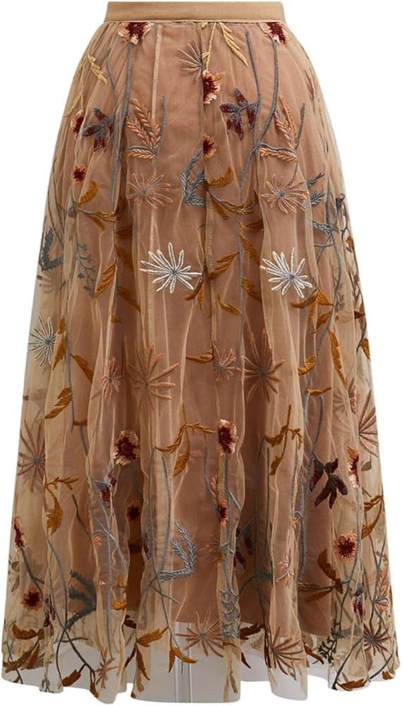 CHICWISH Women Floral Embroidered Tulle Skirt Flared A Line High
