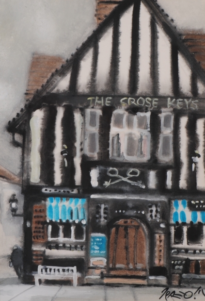 絵画の水彩画で三宅輝夫が描いたイギリスのロンドンにあるパブの絵