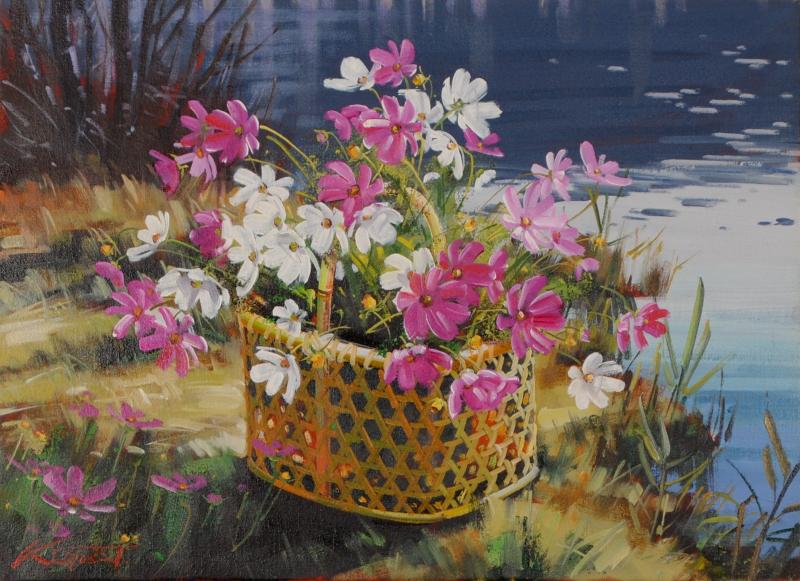 花の絵画を油絵で描いた田中清の花の絵「水辺のコスモス」をご購入