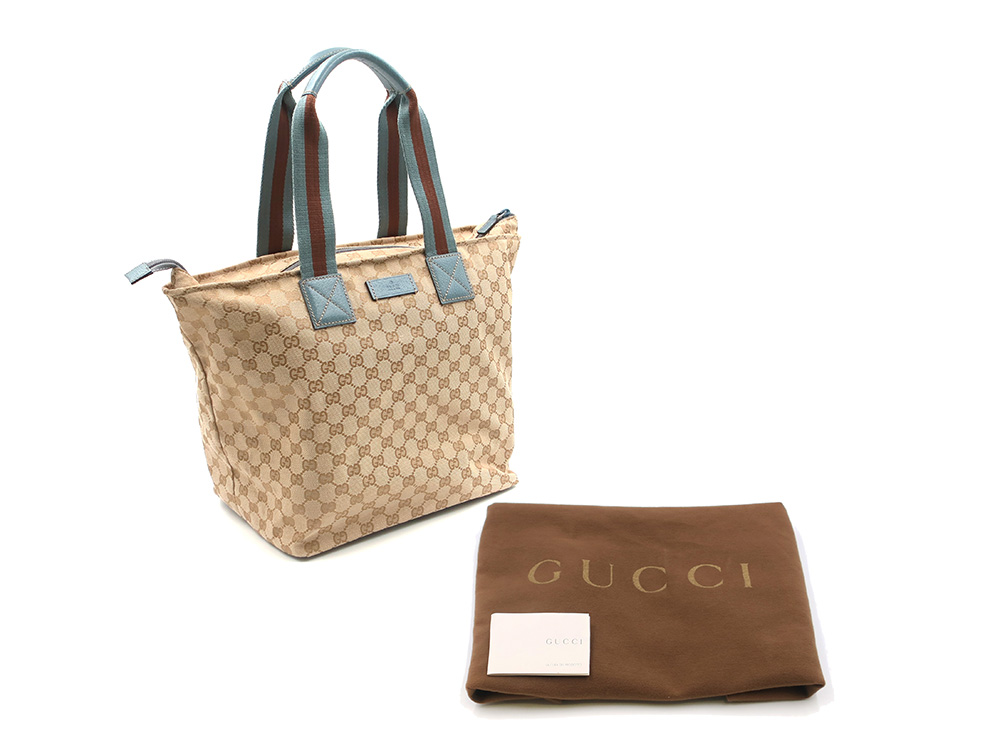 グッチ GGキャンバス シェリーライン トートバッグ ベージュ×ブルー