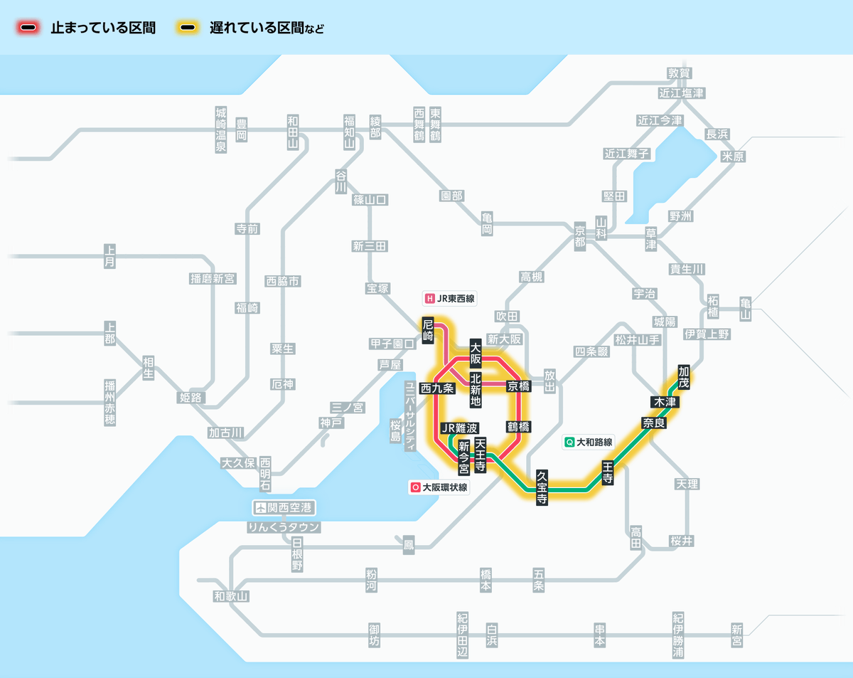 3月3日10時0分現在： 大和路線：志紀駅～八尾駅間を運転中に通常と