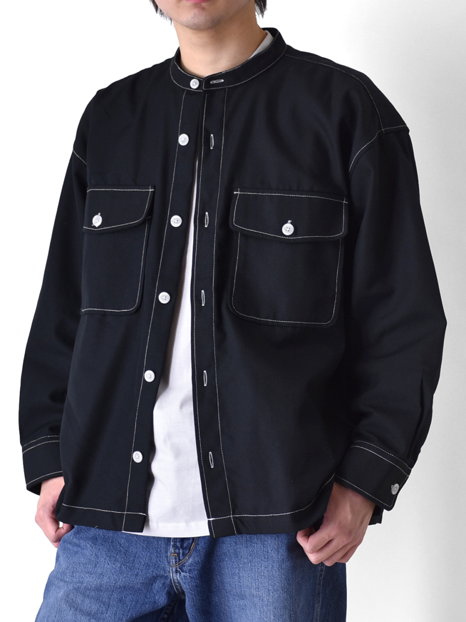 ツイル 配色 ステッチ バンドカラー シャツ ノーカラー ジャケット