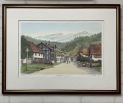 絵画、版画、リトグラフ、織田義郎、ドイツ、ハレンベルク、木組の家