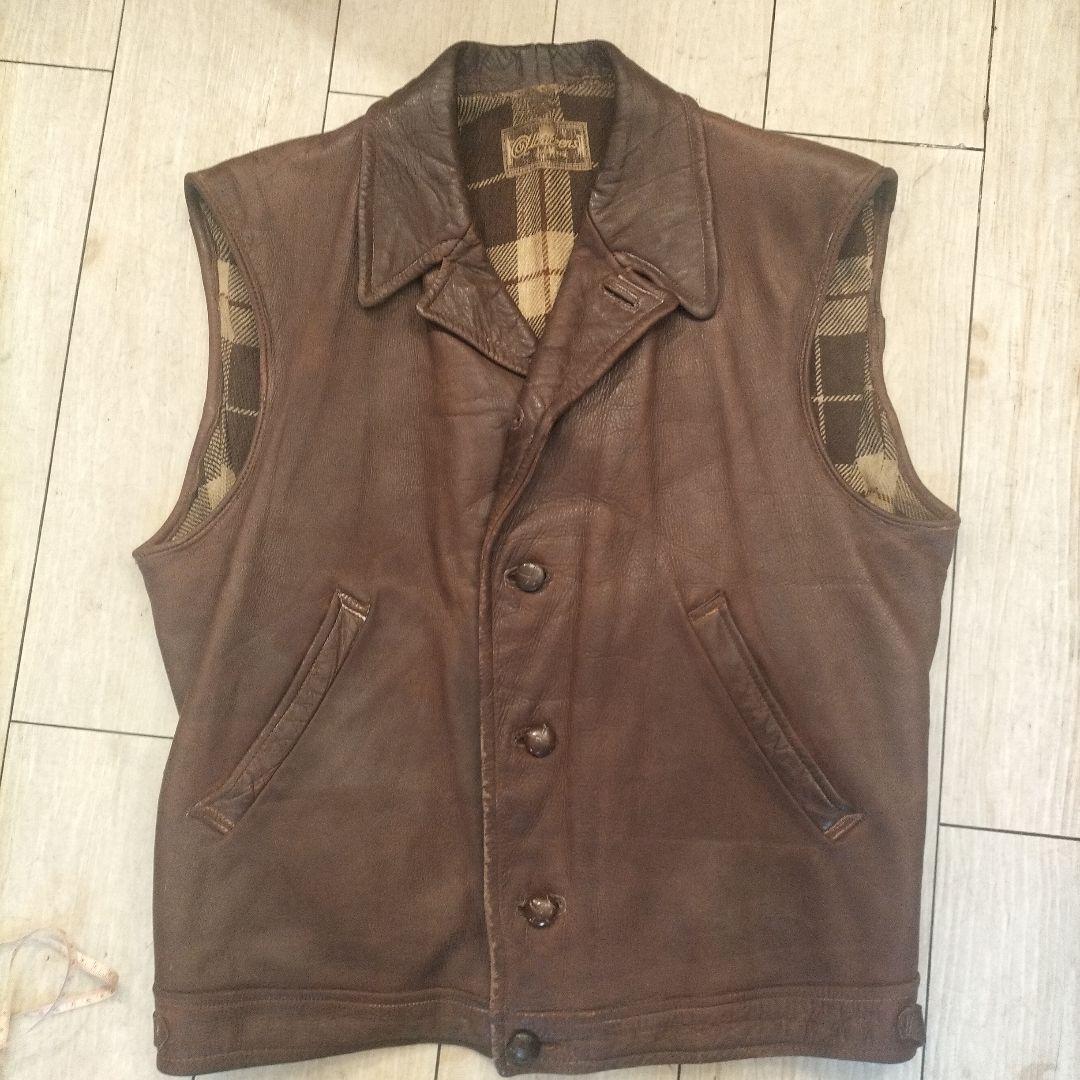 【売切】1940年代　ホースハイド　レザーベスト　ビンテージ　クルミボタン ヴィンテージ復刻 高級ホースハイドレザー ビーチベスト/ブラウン