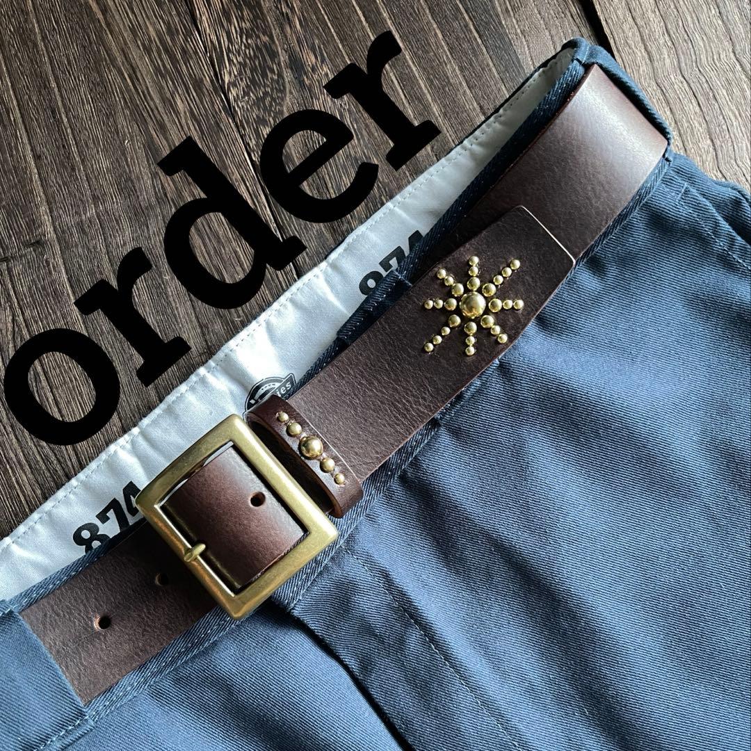 オーダー品　ディッキーズ874専用スタッズベルト　ダークブラウン　真鍮　背面4連