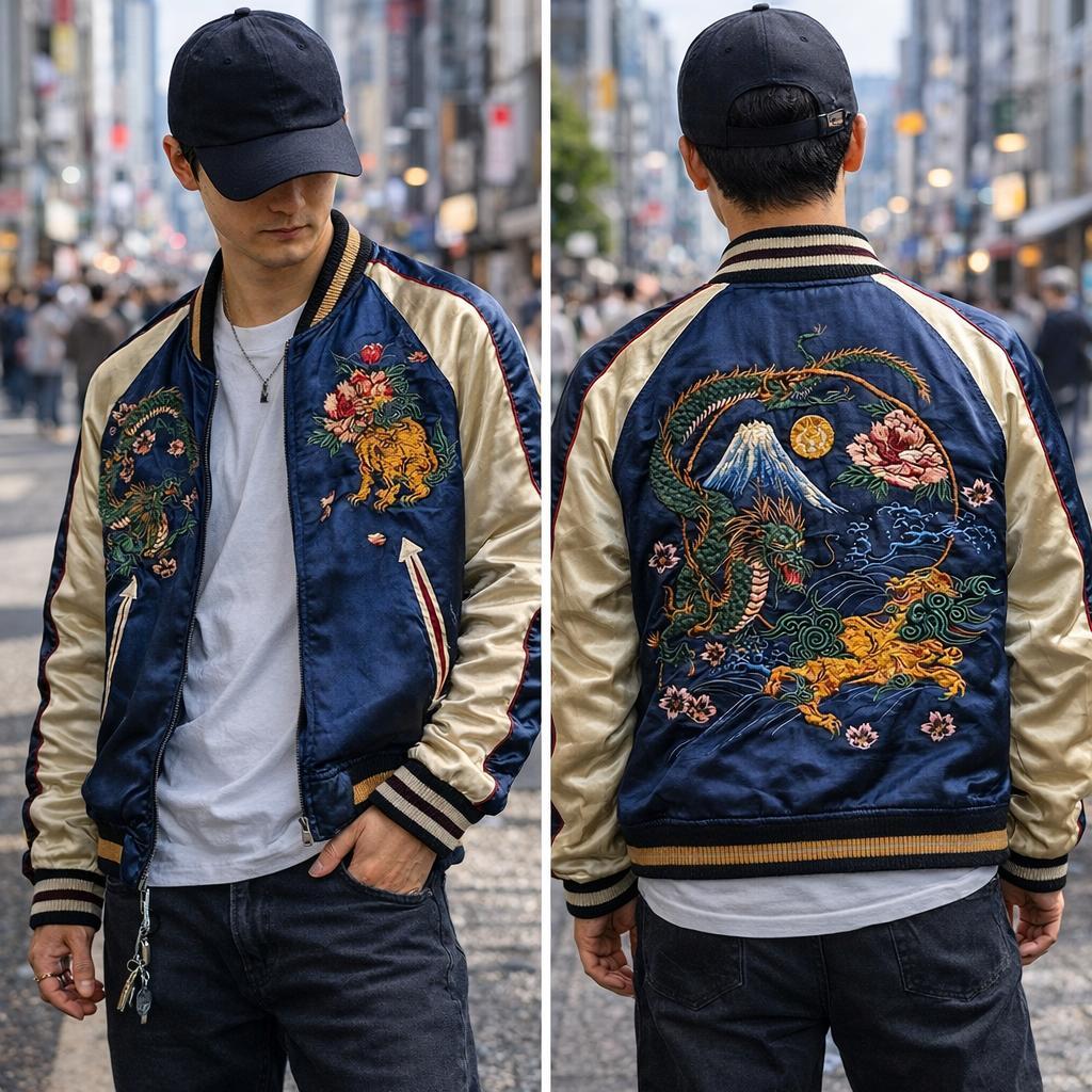 【Yasu】クロップドヘッズ 龍虎 富士山 刺繍 リバーシブル スカジャン 富士鯉リバーシブルスカジャン クロップドヘッズ 和柄 和風 送料無料