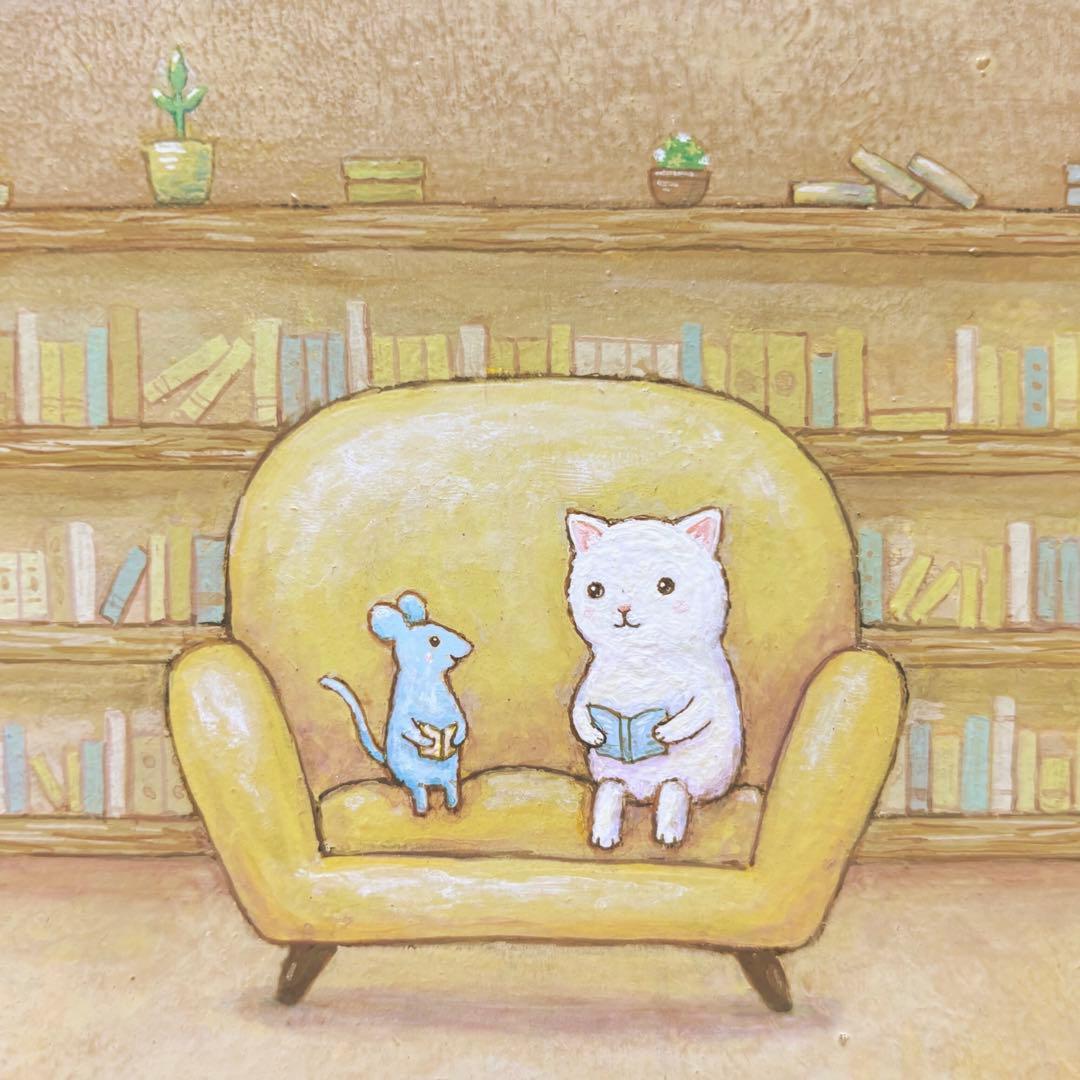 けい様　お取り置き中　自作絵画　黄色いソファ　猫とネズミの絵　買い物帰り