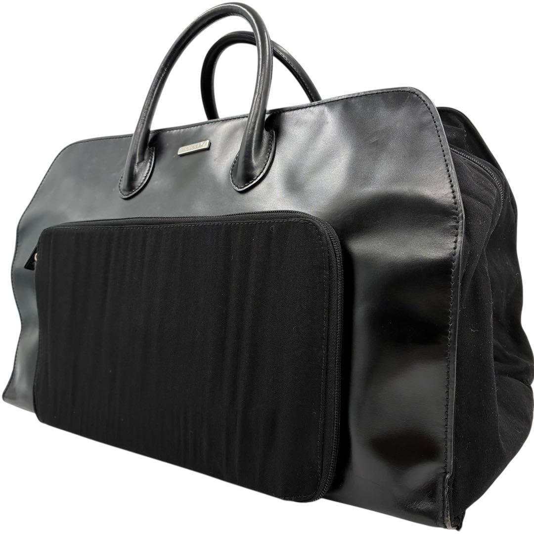 グッチ　ボストンバッグ　キャンバスレザー　大容量　ブラック　ロゴプレート