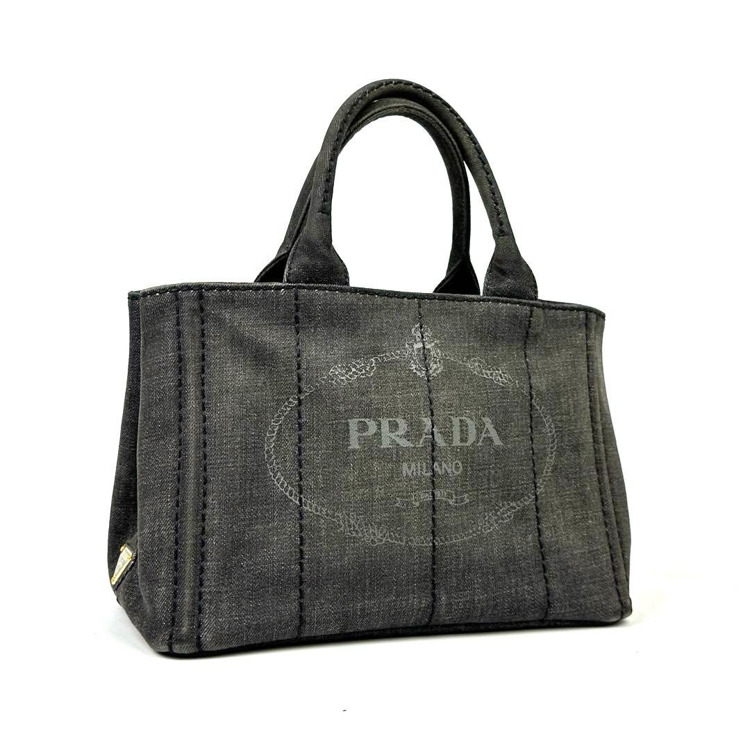 【美品】プラダ　カナパ　ハンドバッグ　三角ロゴ　ゴールド金具　デニム　グレー