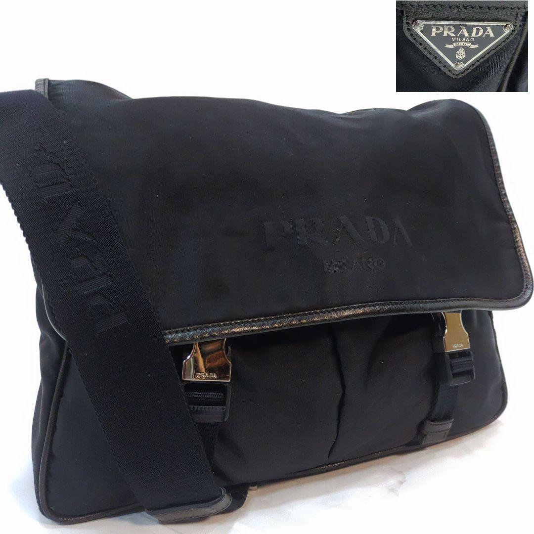 プラダ メッセンジャーバッグ レザー×ナイロン A4可 黒 シャドーロゴ
