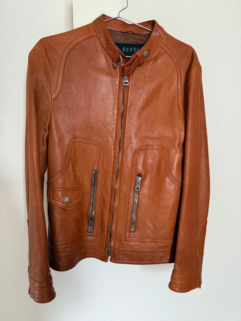【つきのわんこ】GUCCI シングルライダースジャケット ブラウン
