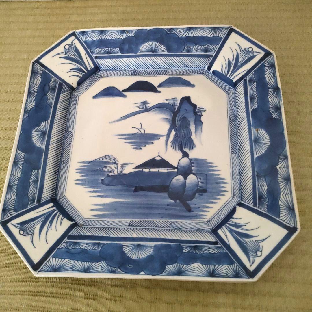 古伊万里 ■染付隅切り大角皿 ■明治大正■ 骨董 ■山水手書き■時代物■古美術