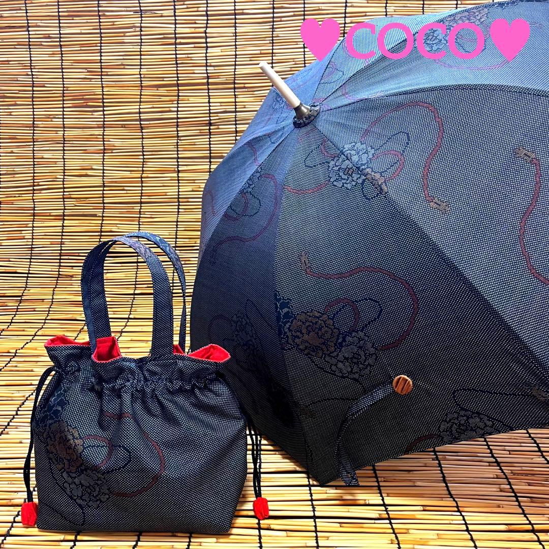 大島紬リメイク＊手作りおしゃれ日傘とお揃い巾着トート＊グレー系 花柄