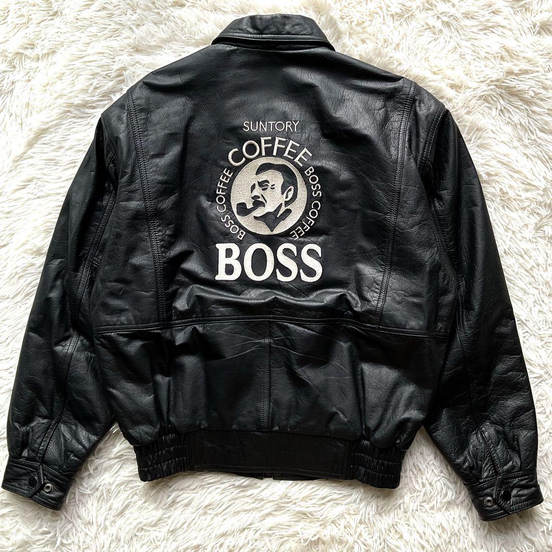 90's✨サントリー　BOSS レザージャケット　牛革　ワッペン　L ブラック
