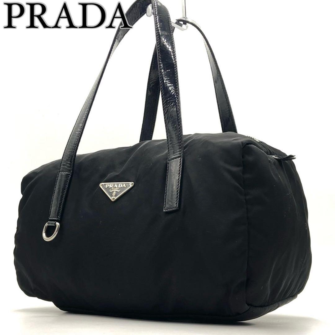 プラダ 三角ロゴ アイコン ハンドバッグ ミニボストン ナイロン レザー 黒 PRADA（プラダ） 極 美品 鍵付き 三角ロゴ 金具 ナイロン レザー 本革