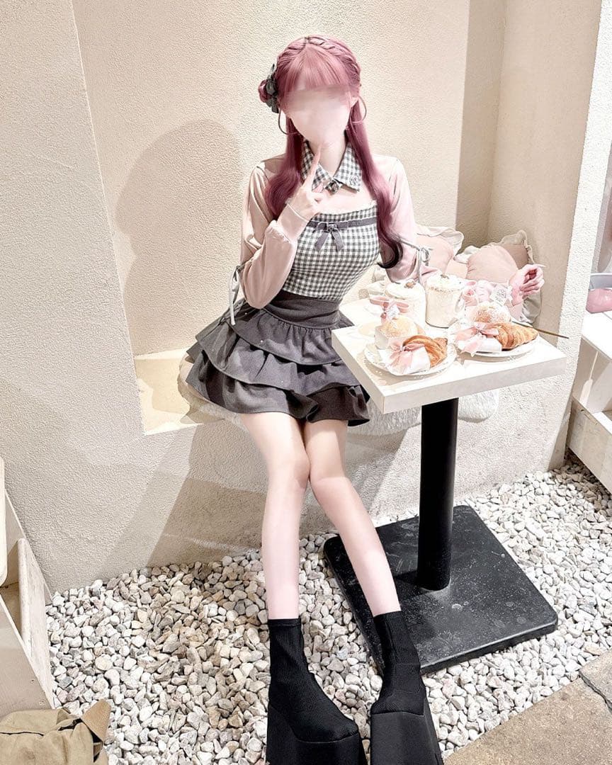 ハニーミュウ リボンスリットギンガムアンサンブルトップス HONEYMEW HONEYMEW ハニーミュウ リボンスリットギンガムアンサンブルトップス